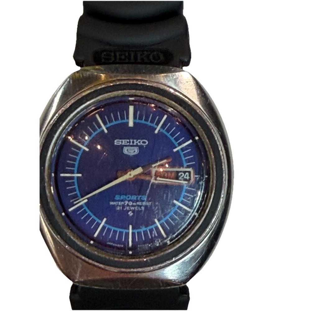 Vintage Seiko 5 Sports 6119-8450 Automatic Blue Dial 21J Runs Original New Strap - Picture 4 of 10